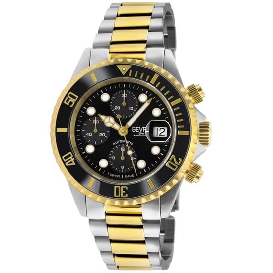 Gevril Wall Street Chrono para hombres, esfera negra, bisel de cerámica negra, brazalete de acero inoxidable IPYG 316L bicolor. - Image 1