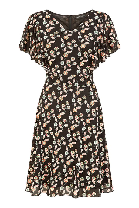 Black Leaf Print Mesh Stretch Skater Dress