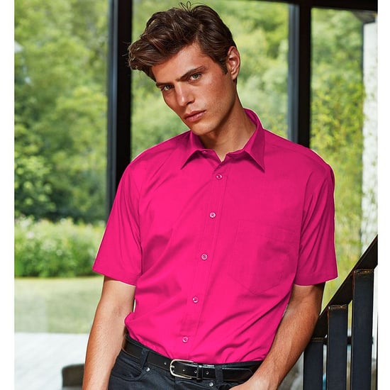 Premier Mens Short Sleeve Formal Poplin Plain Work Shirt (Hot Pink) - Image 2