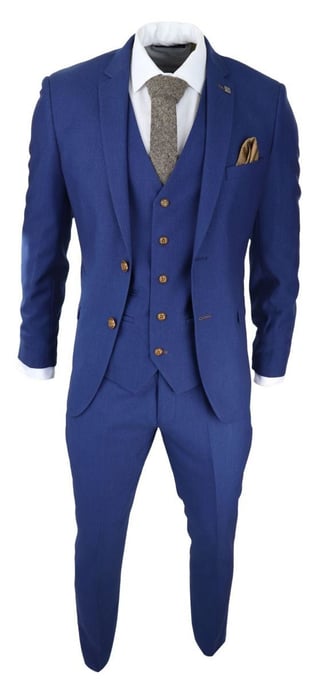 Traje clásico de tres piezas con diseño de ojo de pájaro en azul real para hombre - Image 5