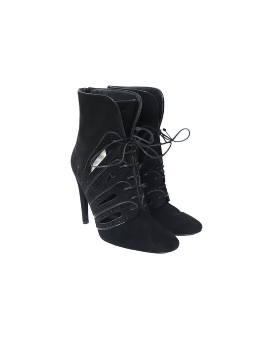 Bottega Veneta Cutout Lace-Up Detail Ankle Boots in Black Suede - Image 3