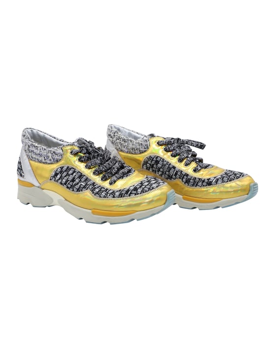 Chanel Tweed Lace Up Sneakers in Multicolor Leather - Image 4
