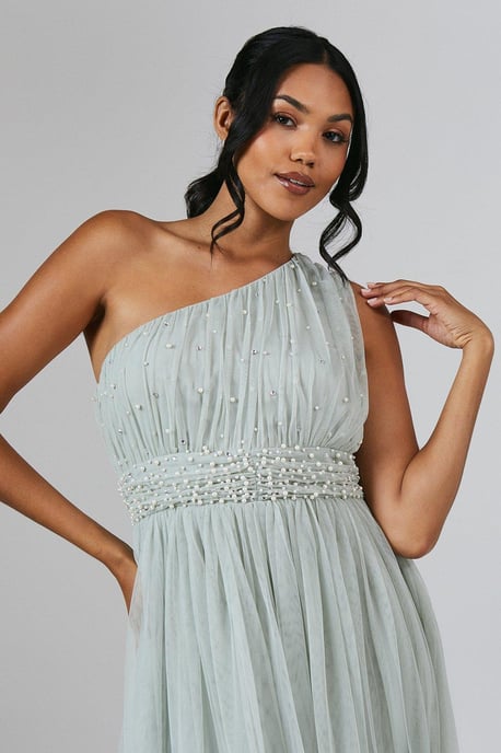 One Shoulder Pearl Embellished Mesh Bridesmaids Midi Dress - Image 2