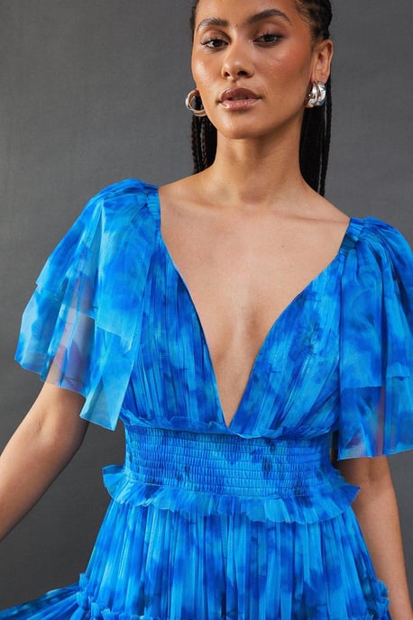 Tulle Floral Plunge Neck Flutter Sleeve Tier Maxi Dress
