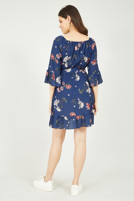 Mela Navy Floral Bardot Frill Skater Dress