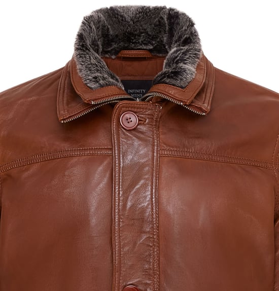 Mens Tan Mid-Length Warm Leather Trench Coat - Varkaus