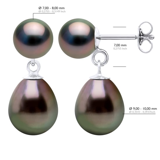 Double Earrings - White Gold - Real Cultured Tahiti Pearls Round 7-8 and Pear 9-10 mm - Image 2