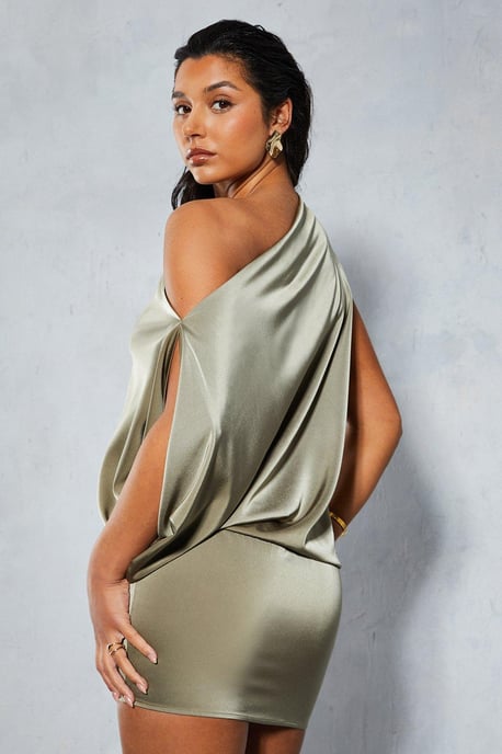 Satin Off Shoulder Asymmetric Bodycon Mini Dress