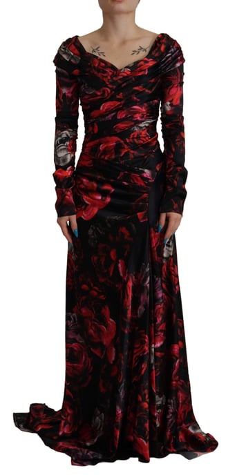Vestido de Mujer Dolce & Gabbana A-Line de Tafetán Negro con Rosas Florales - Image 1