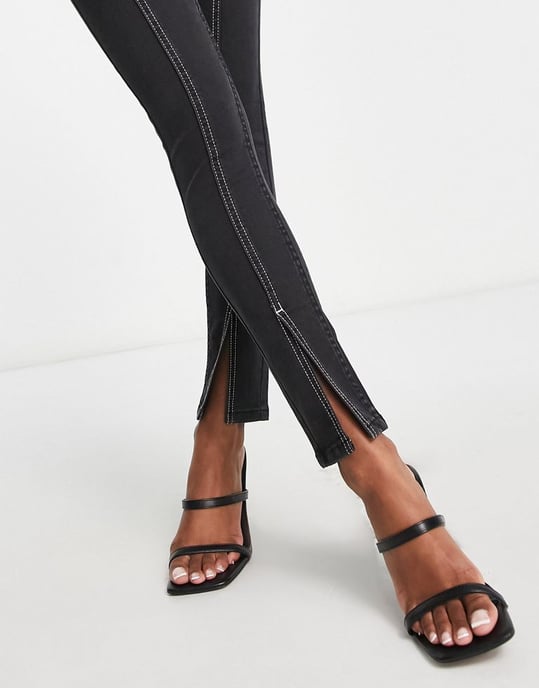 Miss Selfridge Petite contrast stitch split hem skinny jean in black