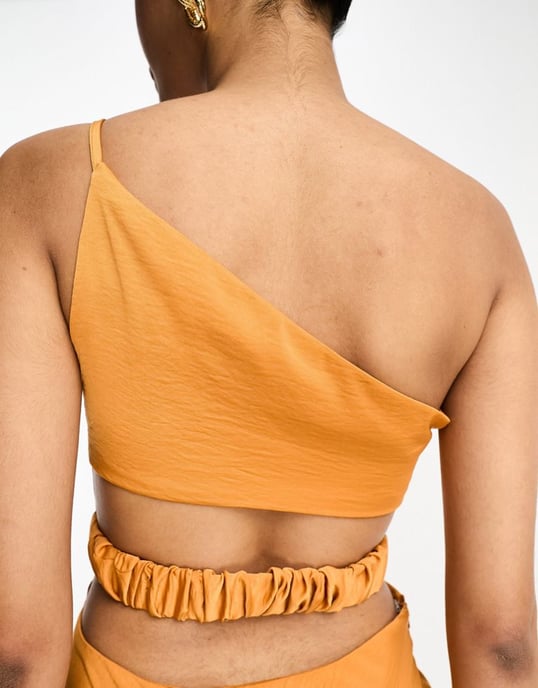 ASOS DESIGN satin one shoulder maxi dress with cut out elastic band detail in sunset orange - Image 3