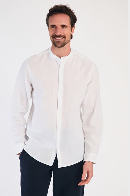 White Linen Blend Long Sleeve Button-Up Shirt With Grandad Collar - Image 1
