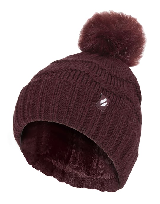 Sombrero de invierno de la gorrita de la piel de las señoras | Calentadores | Zigzag Patterned Pom Pom Hat | Womens Thermal Cuff Bobble Hat - Vino - Image 1