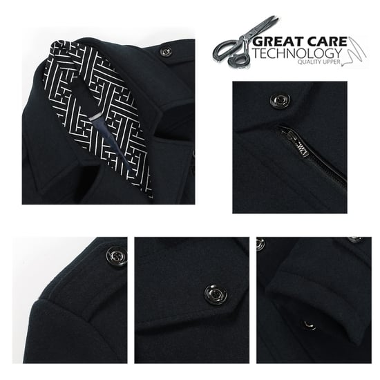 Men's Winter Thickened Solid Color Lapel Casual Wool Coat with Striped Collar Camel Blue