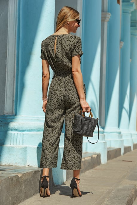 Khaki Green Animal Print Zip Front Culotte Jumpsuit