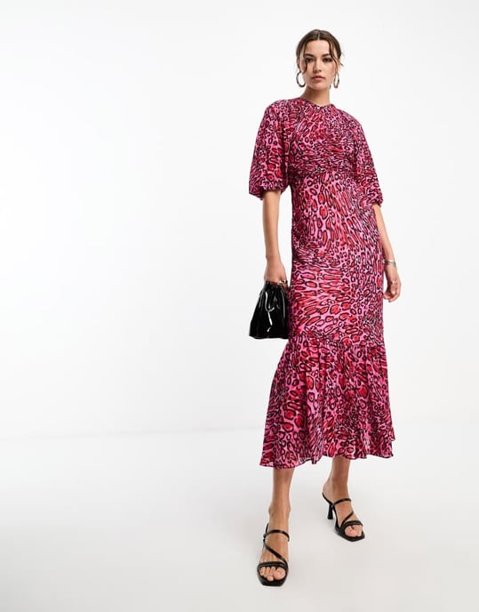 Whistles puff sleeve midi dress in pink leopard