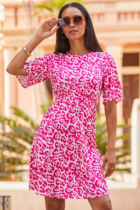 Pink Animal Print Fluted Sleeve Fit & Flare Dress