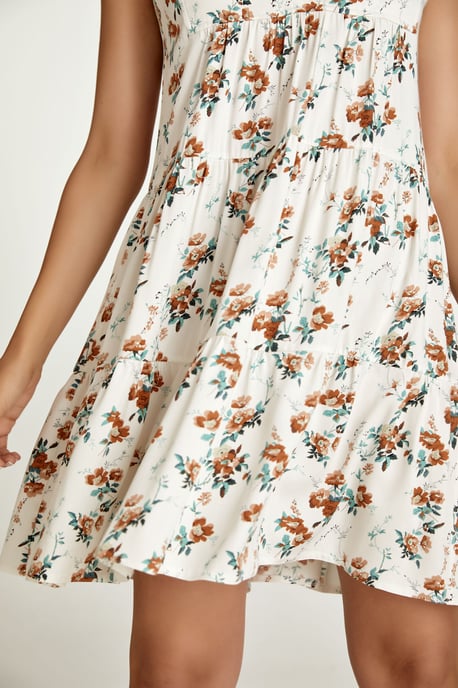Sleeveless Ecru Floral A Line Dress