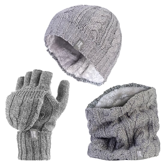 Heat Holders - Womens Thermal Winter Fleece Hat, Neck Warmer and Converter Gloves set - Light Grey - Image 1