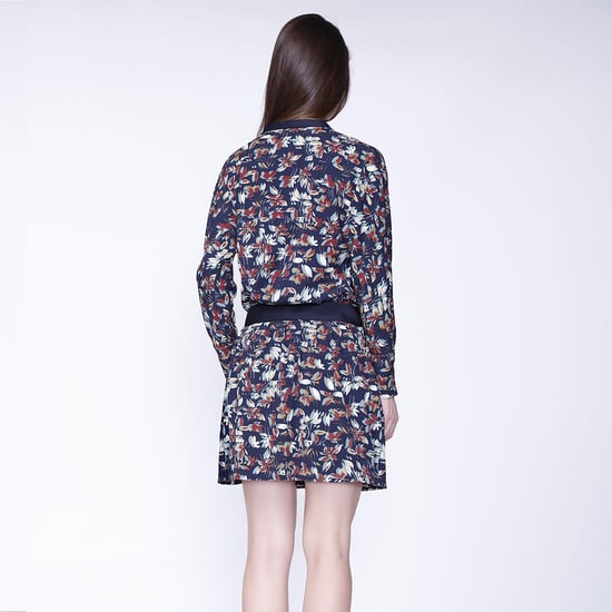 Satin collar short dress and leaves print