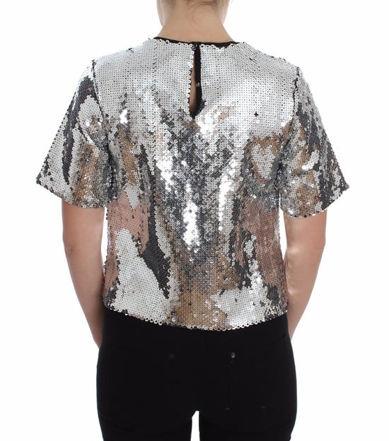 Blusa T-shirt de Cuello Redondo de Lentejuelas Plateadas para Mujer de Dolce & Gabbana - Image 3