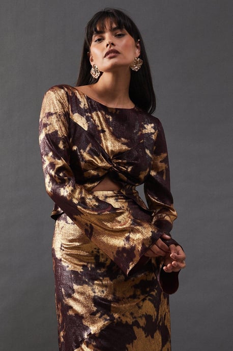 Metallic Marble Twist Front Bias Midi Dress - Image 2