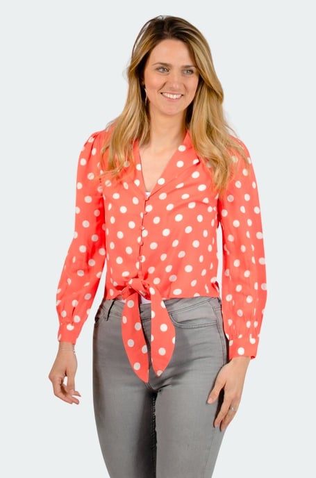 Coral Polka Dot Tie Front Blouse