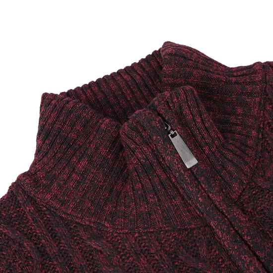 Men's Cardigan with Zip Cardigan Chunky Knit with Stand-Up Collar for Winter Red