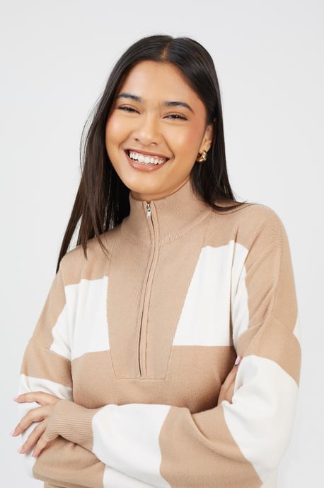 Camel Striped Half Zip Knitted Jumper