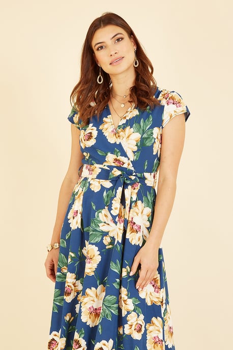 Mela Blue Painted Floral Print Dipped Hem Wrap Dress
