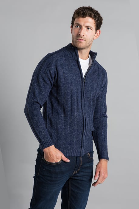 Navy Zip-Through Funnel Neck Ribbed Cardigan