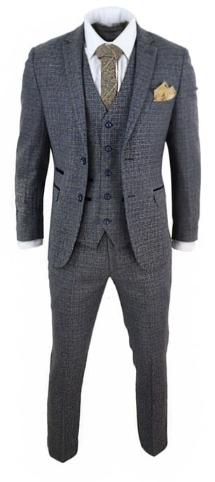 Traje retro vintage de tweed a cuadros azul marino de 3 piezas para hombre - Image 4