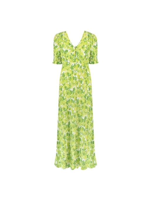 Green Botanical Floral Print Shirred Cuff Midi Dress