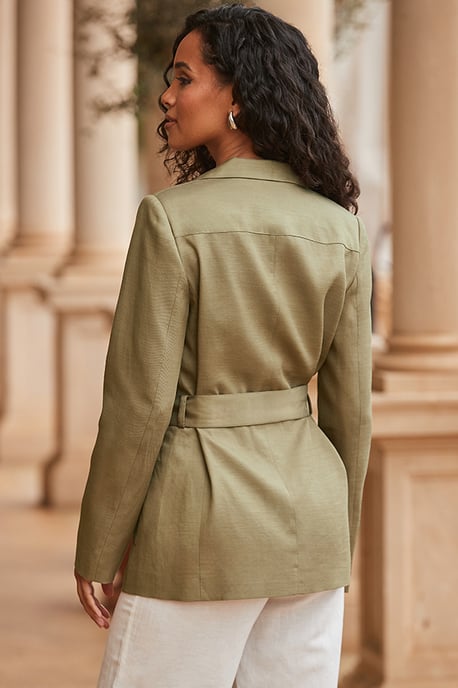 Khaki Green Linen Blend Belted Utility Blazer