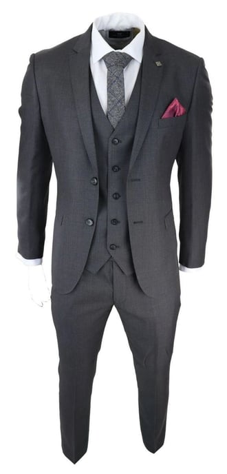 Traje retro clásico de 3 piezas con puntadas en gris carbón para hombre - Image 4