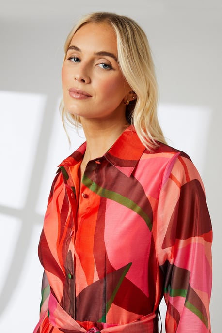 Pink Abstract Print Belted Collared Shirt Dress