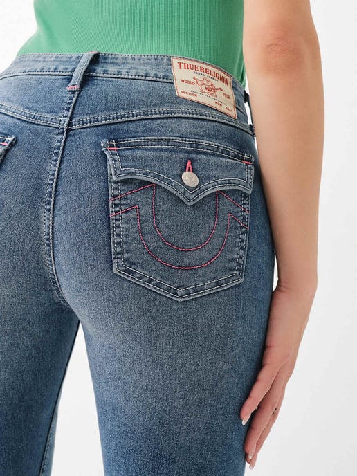Joey Single Needle Mid Rise Flap Flare in Medium Sunkissed Wash