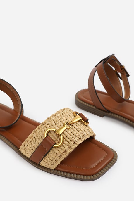 Wheres That From Womens 'Bonnie' Wide Fit Pu Straw Detail Strap Sandals With Buckle Closure - Image 4
