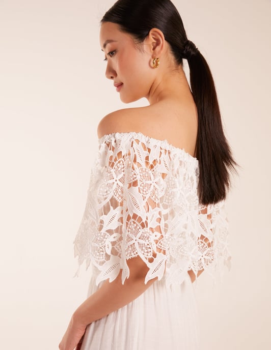 Crochet Lace Shirred Waist Midi Dress