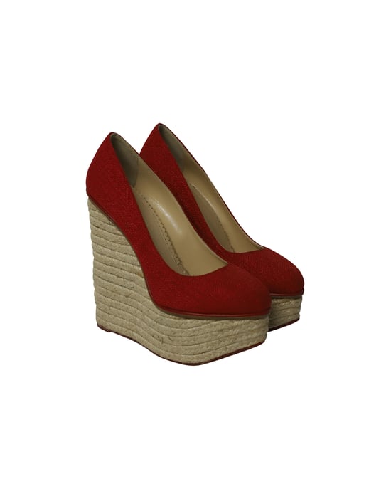 Charlotte Olympia Carmen Espadrille Platform Wedge Pumps in Red Canvas - Image 3