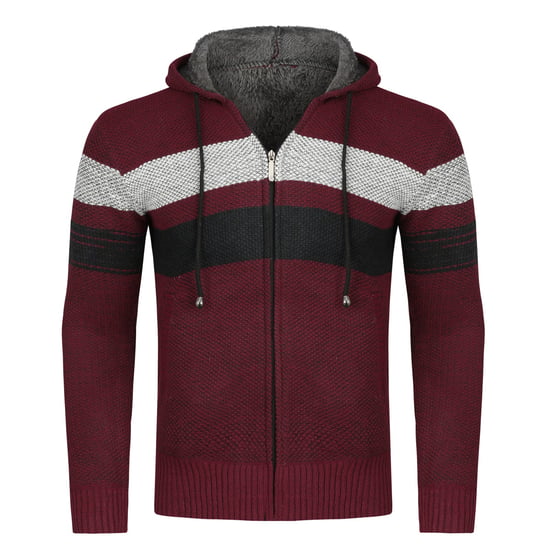 Men's Winter Transition Cardigan with Hood Lined Chunky Knit Hooded Warm Jacket Burgundy - Image 1
