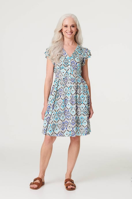 Green Printed Frill Sleeve Short Dress