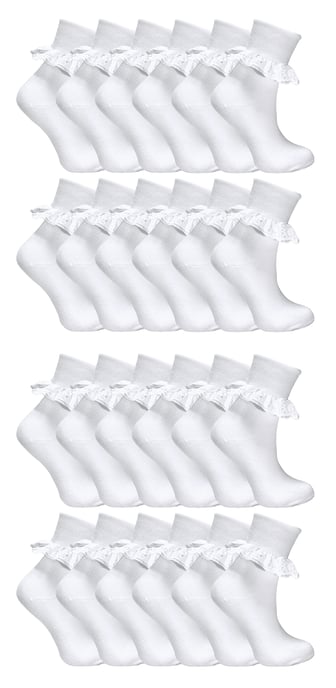 24 Pares Multipack Calcetines de Encaje para Niñas | Calcetines de Algodón Blanco con Volantes | Ideal para el Uniforme Escolar - Blanco - Image 1