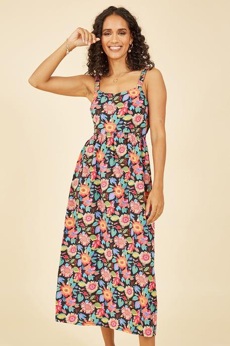Multicoloured Retro Floral Midi Dress