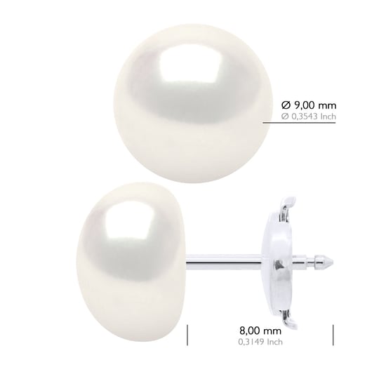 Earrings - White Gold - Real Cultured Freshwater Pearls Button 9-10 mm - Image 2