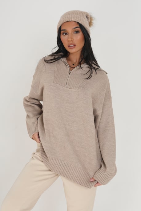 Stone Oversized Zip Collar Knitted Jumper