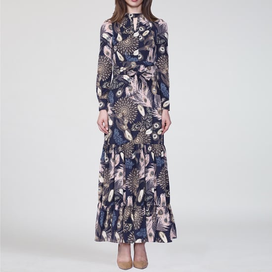 Bohemian style long dress with ruffles and feathers print - Image 1