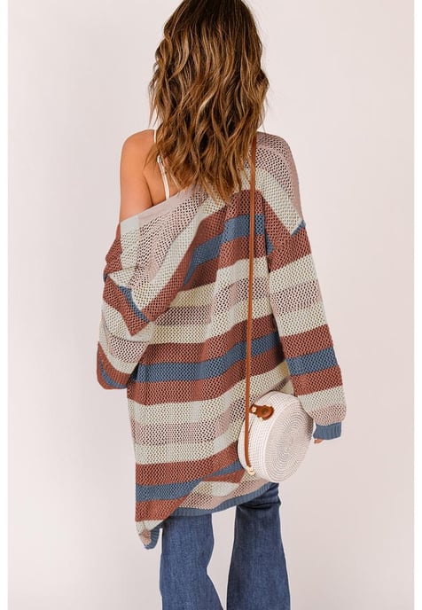 Cardigan de punto hueco con bloques de color para mujer en azul - Image 2