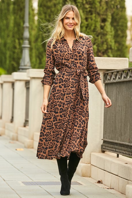 Leopard Print Midi Shirt Dress With Belt