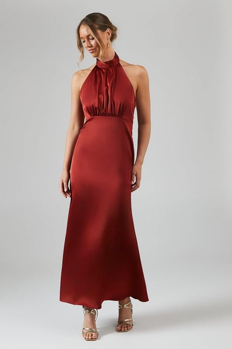Satin Halter Bias Cut Maxi Bridesmaids Dress - Image 1